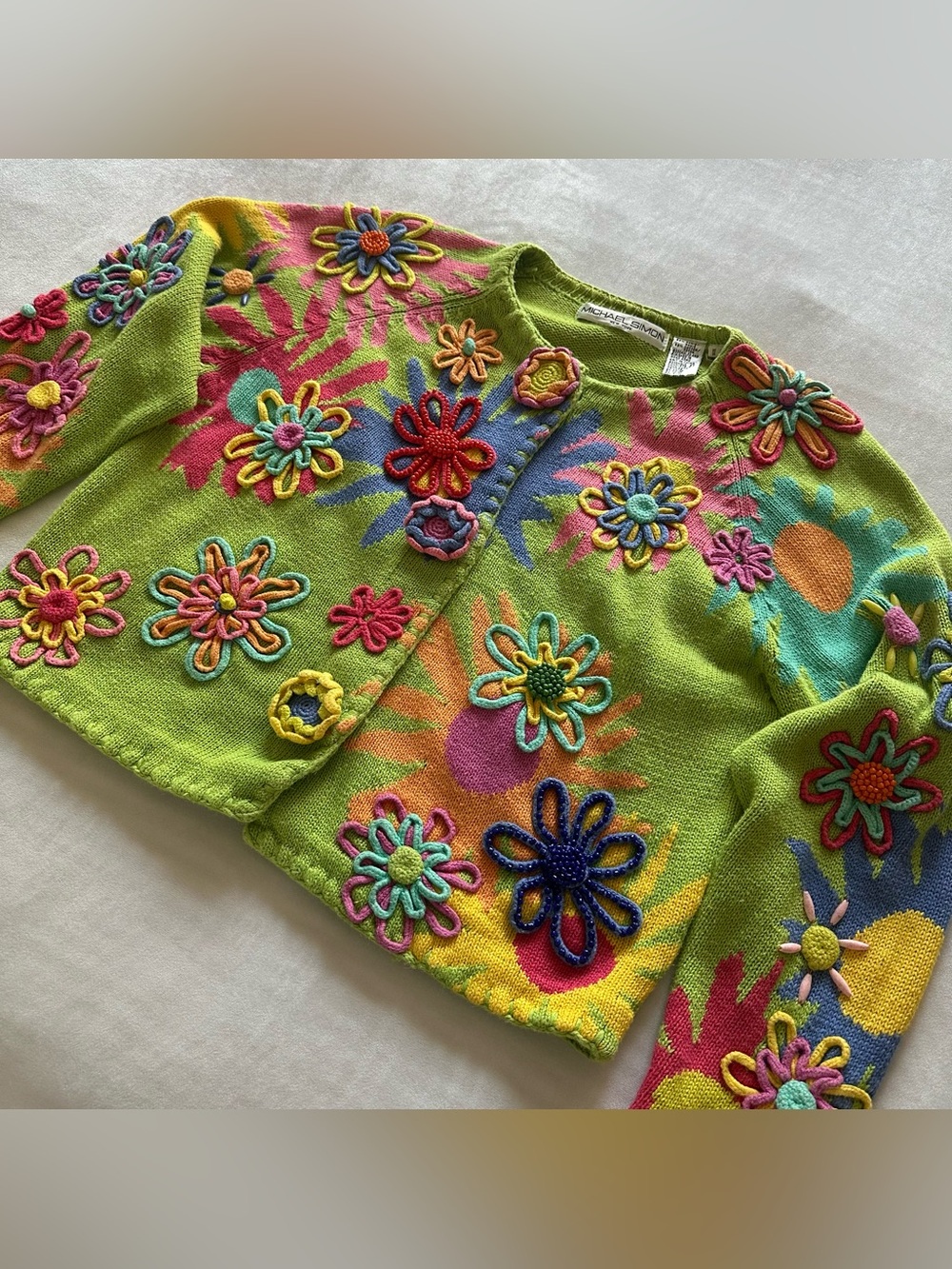 vintage michael simon psychedelic 3d floral cardigan / one size fits most